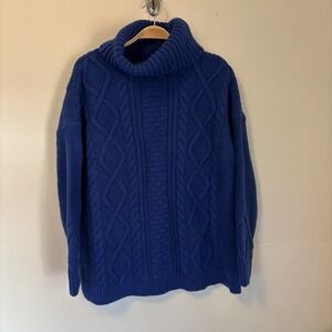 Lands' End Women's Wool Blend Chunky Cable Knit Sweater Blue Turtleneck LP